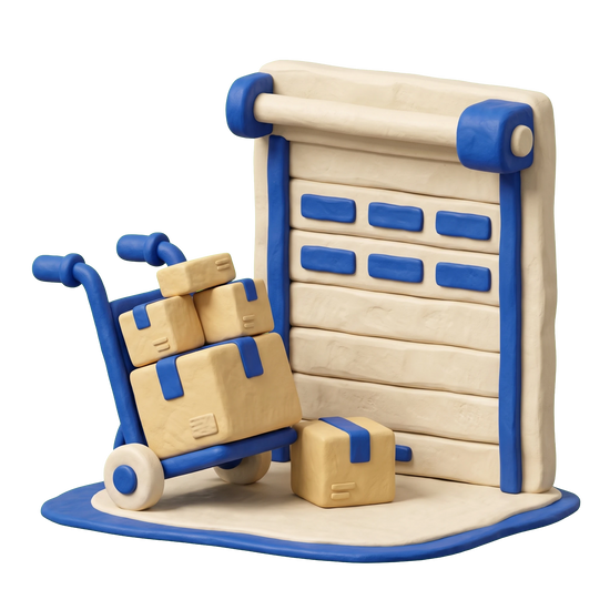 Cash and carry wholesaler illustration in blue and ivory clay