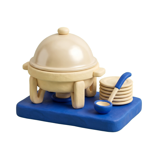 Caterer illustration in blue and ivory clay