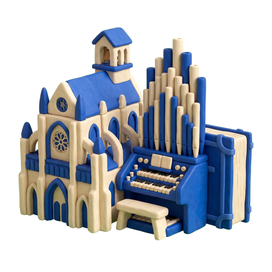 Catholic cathedral illustration in blue and ivory clay