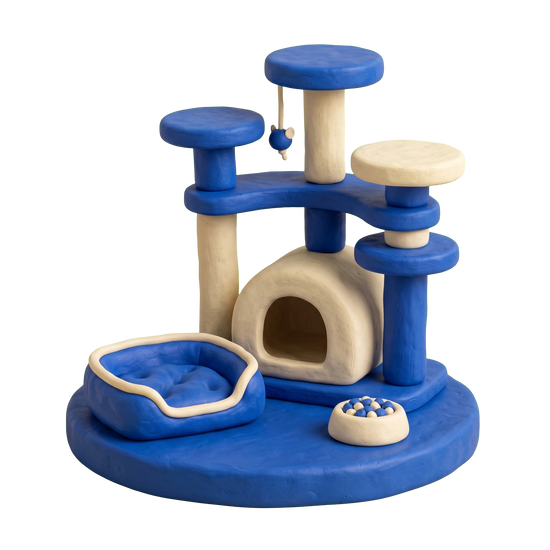 Cattery illustration in blue and ivory clay