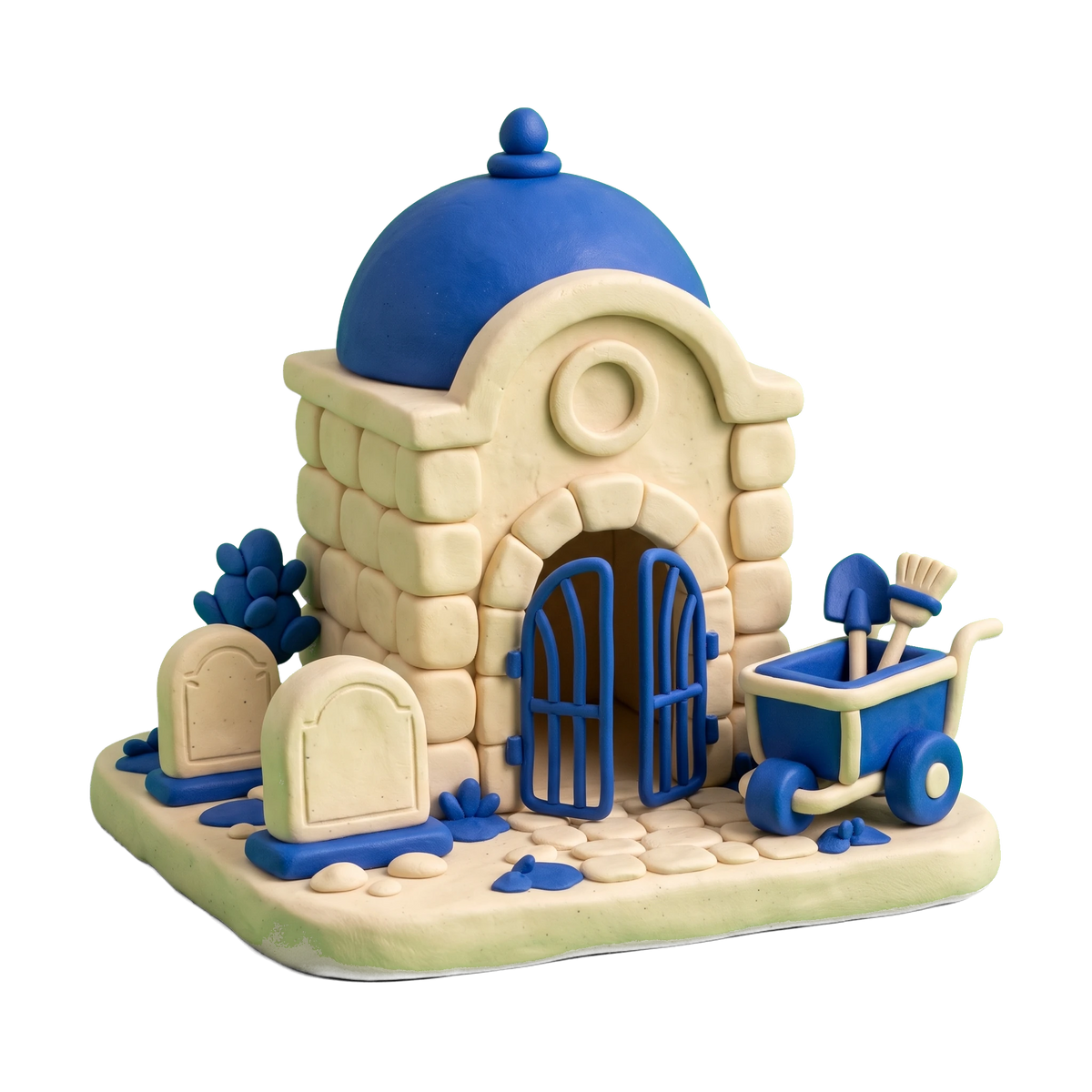 Cemetery illustration in blue and ivory clay