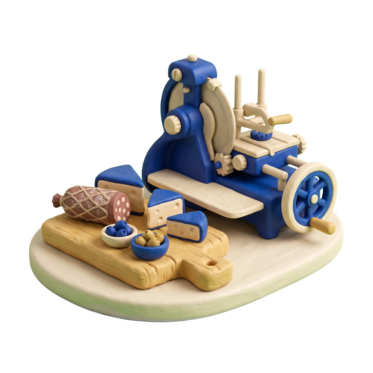 Charcuterie illustration in blue and ivory clay