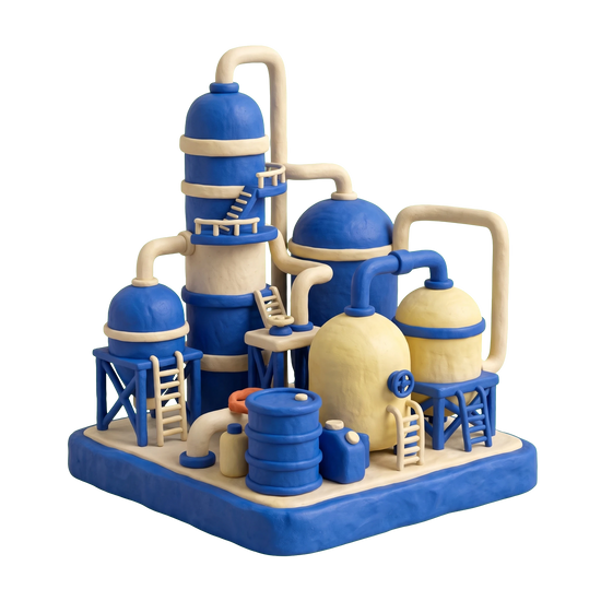 Chemical plant illustration in blue and ivory clay