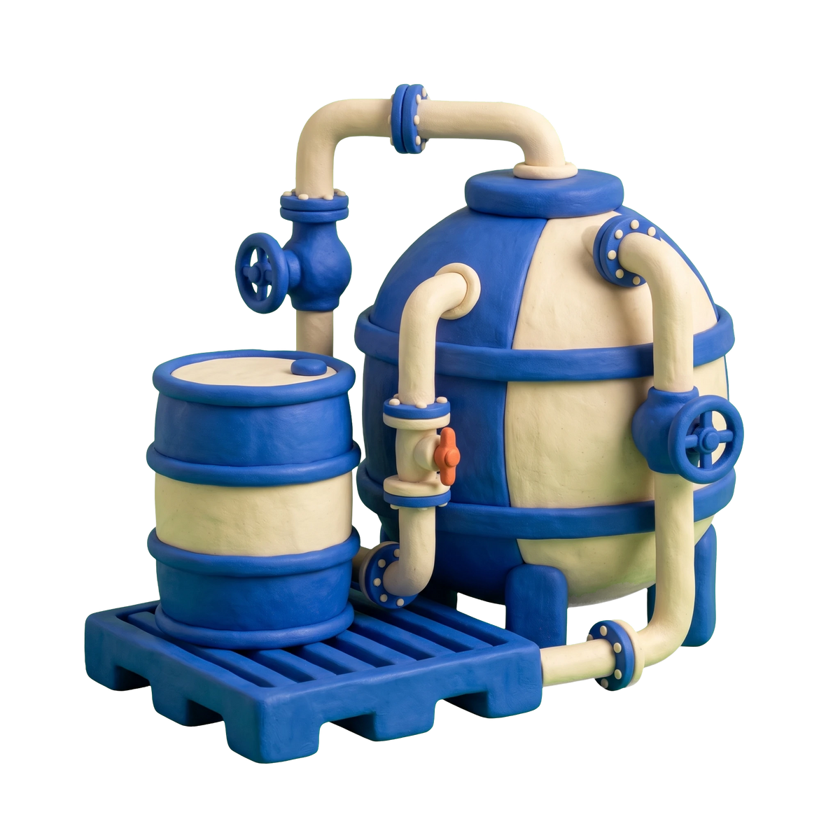 Chemical wholesaler illustration in blue and ivory clay