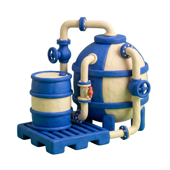 Chemical wholesaler illustration in blue and ivory clay