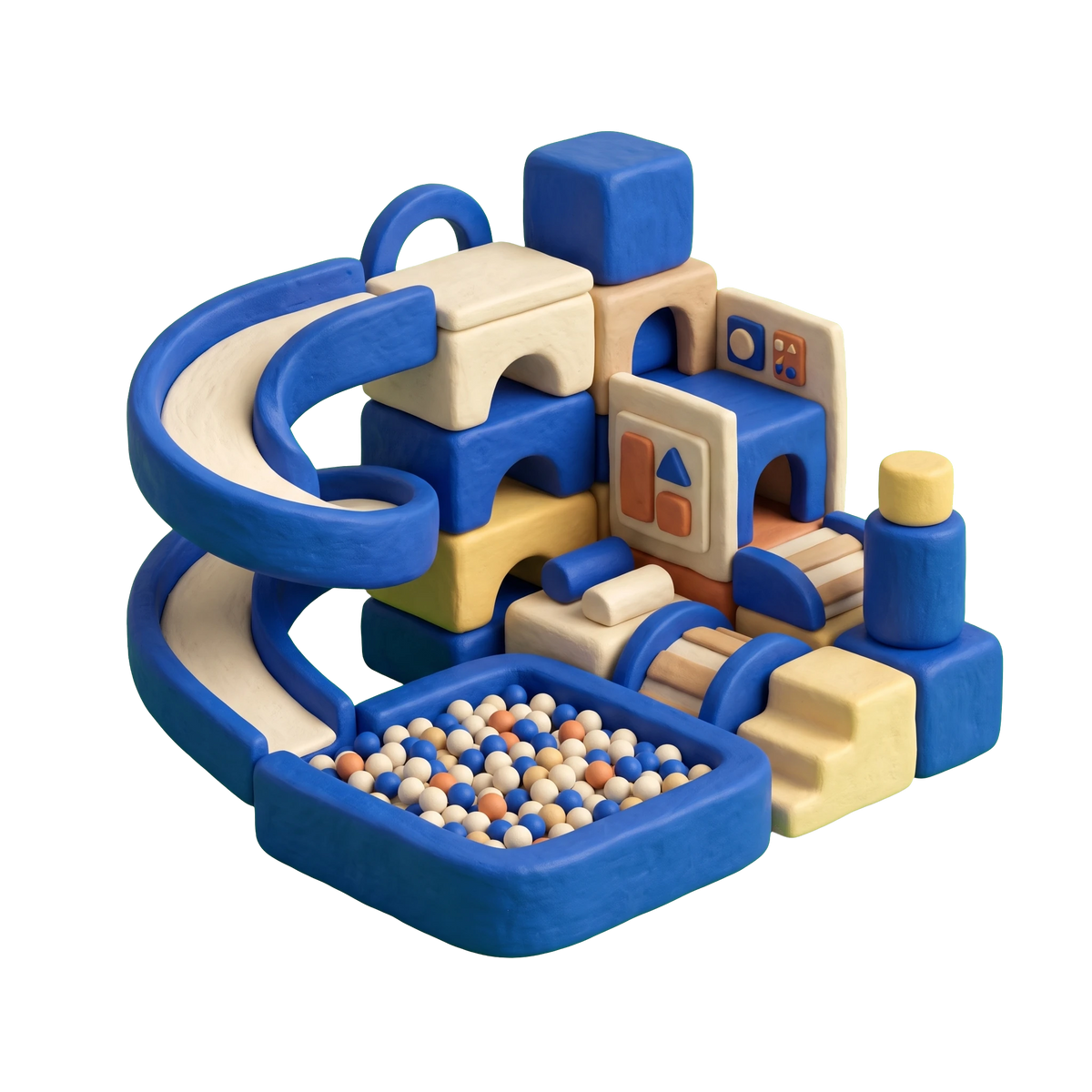 Children's amusement center illustration in blue and ivory clay