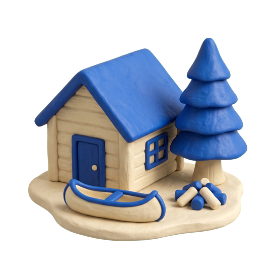 Children's camp illustration in blue and ivory clay