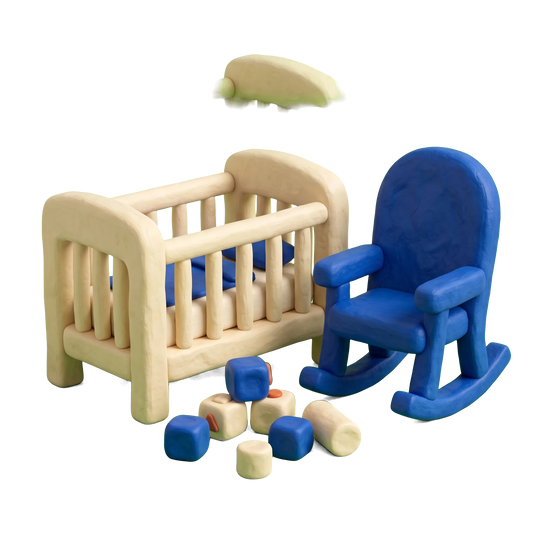 Children's furniture store illustration in blue and ivory clay