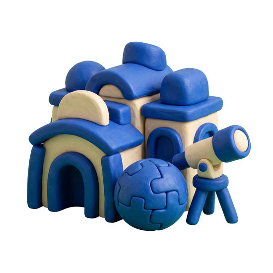 Children's museum illustration in blue and ivory clay