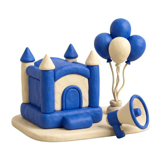 Children's party service illustration in blue and ivory clay