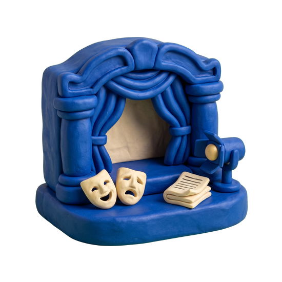 Children's theater illustration in blue and ivory clay