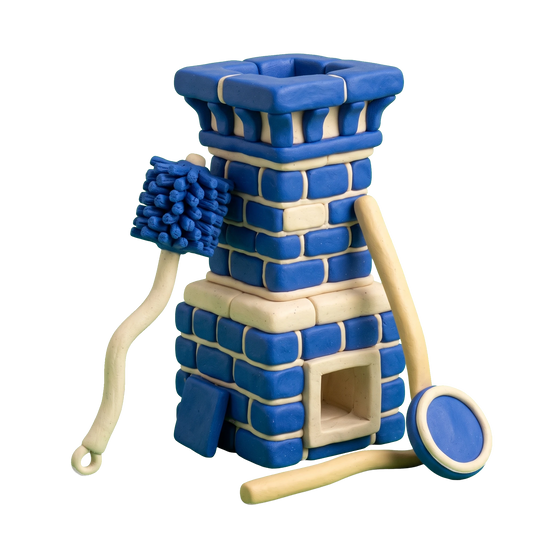 Chimney services illustration in blue and ivory clay