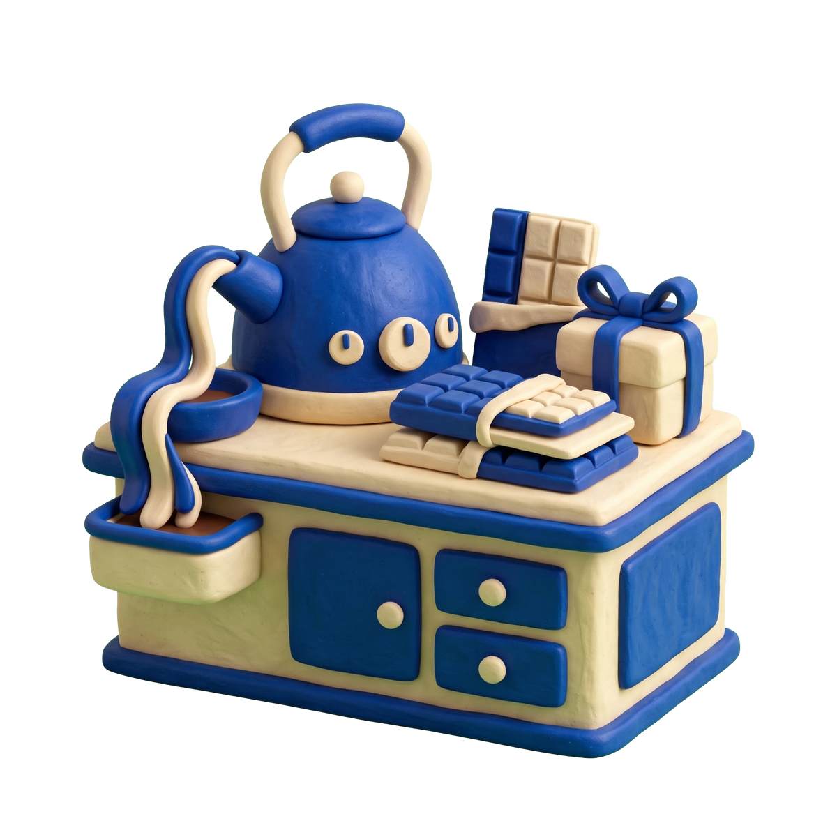 Chocolate shop illustration in blue and ivory clay