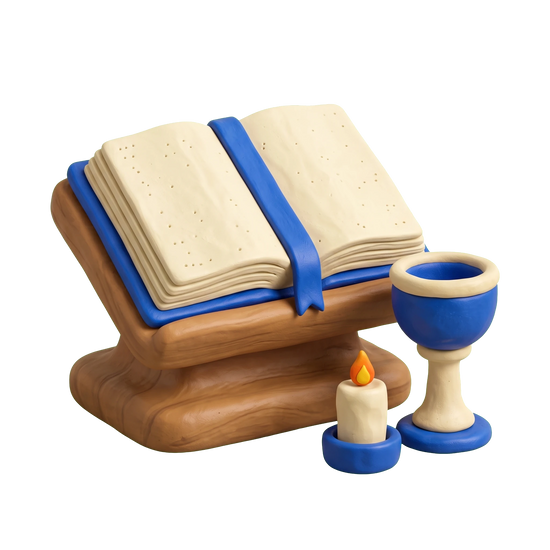 Christian book store illustration in blue and ivory clay