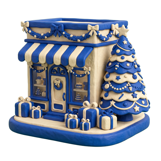 Christmas store illustration in blue and ivory clay