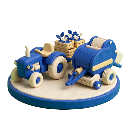 Christmas tree farm illustration in blue and ivory clay