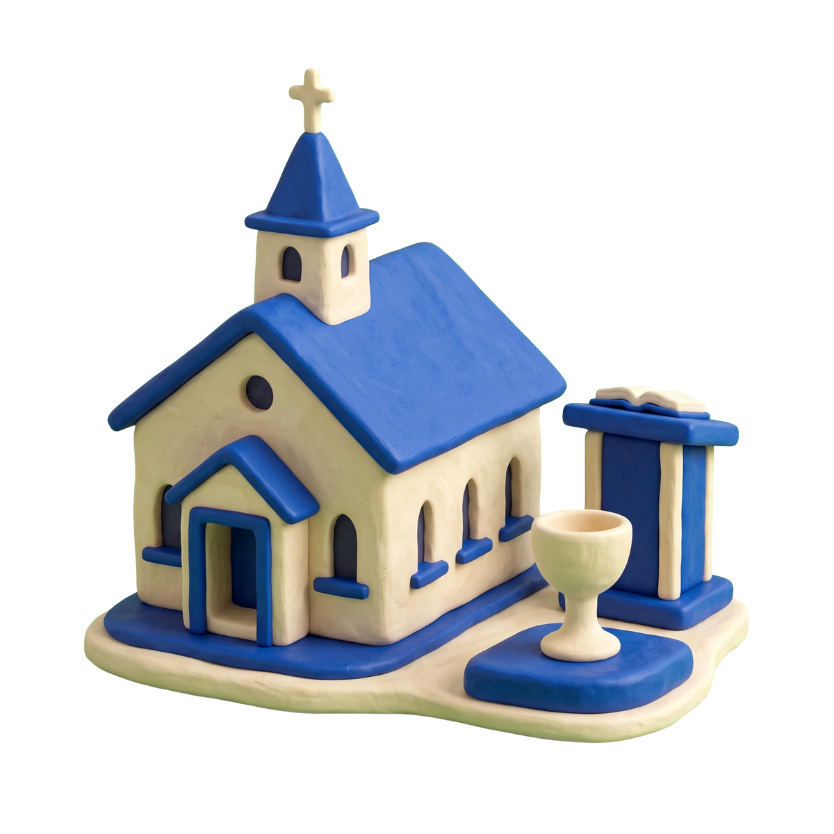 Church of the Nazarene illustration in blue and ivory clay