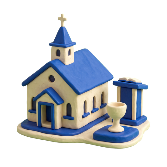 Church of the Nazarene illustration in blue and ivory clay
