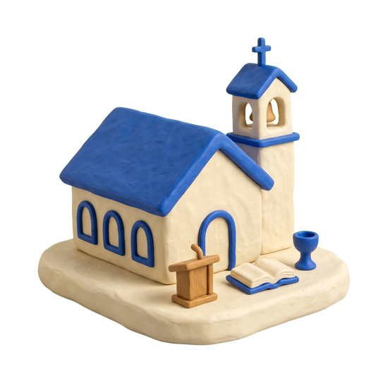 Church illustration in blue and ivory clay