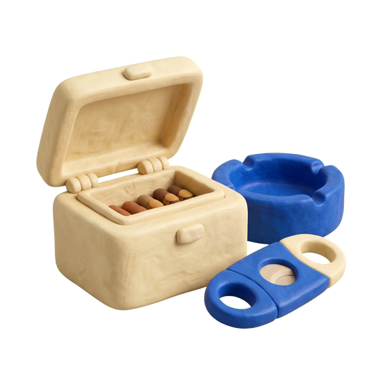 Cigar shop illustration in blue and ivory clay