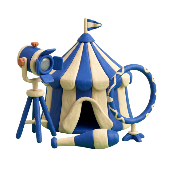 Circus illustration in blue and ivory clay