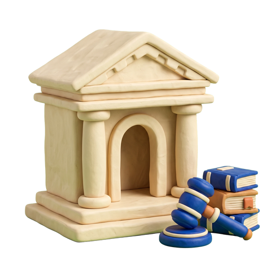City courthouse illustration in blue and ivory clay