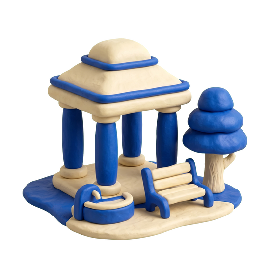 City park illustration in blue and ivory clay