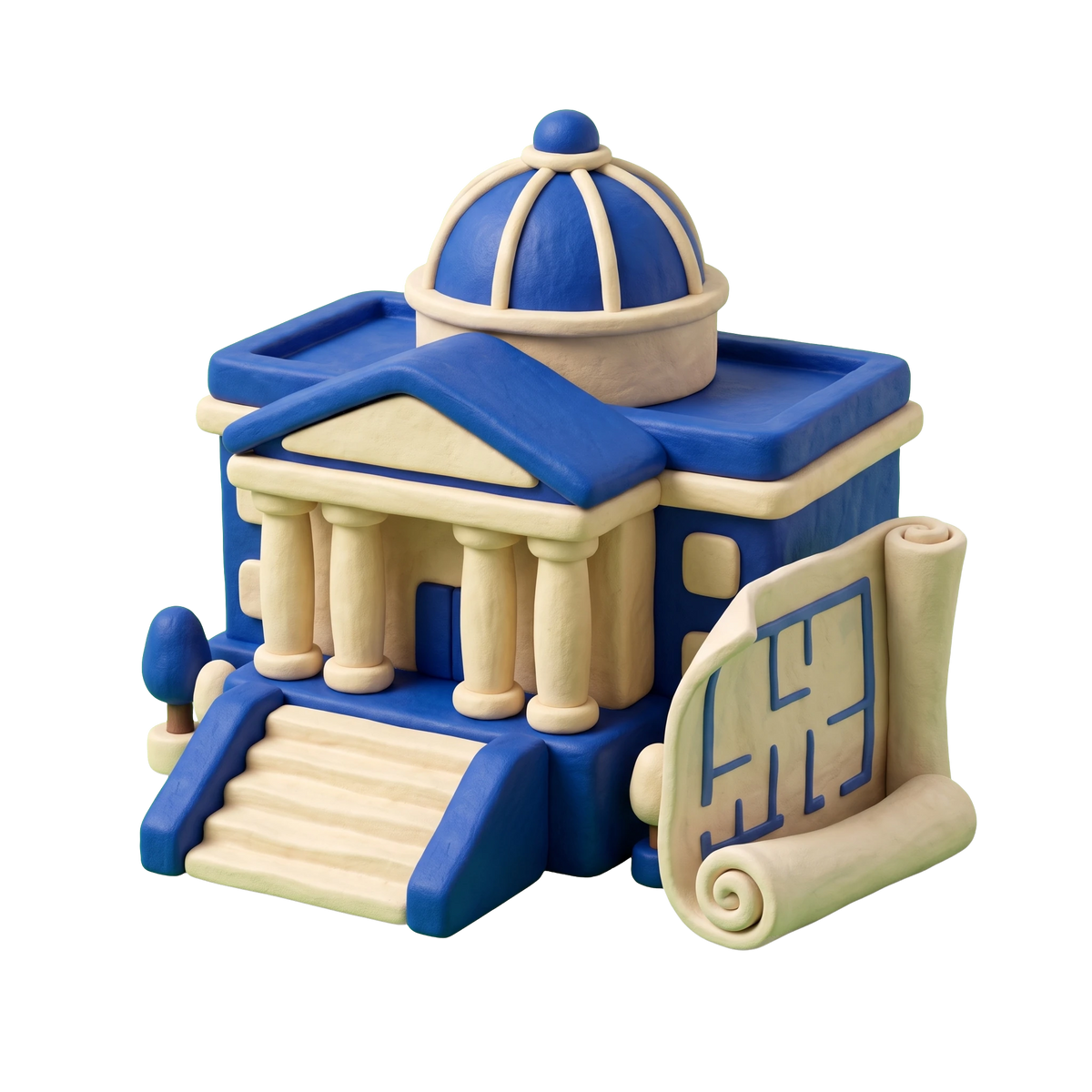 Civic center illustration in blue and ivory clay