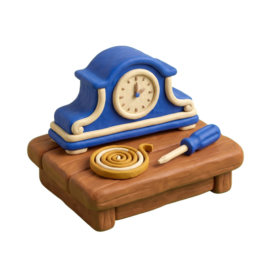 Clock repair service illustration in blue and ivory clay