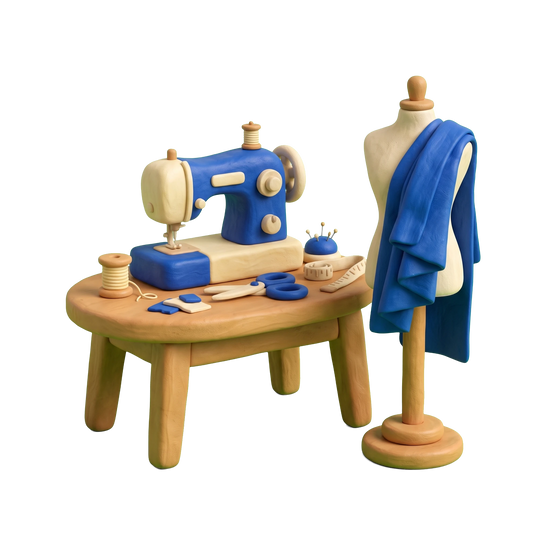 Clothing alteration service illustration in blue and ivory clay