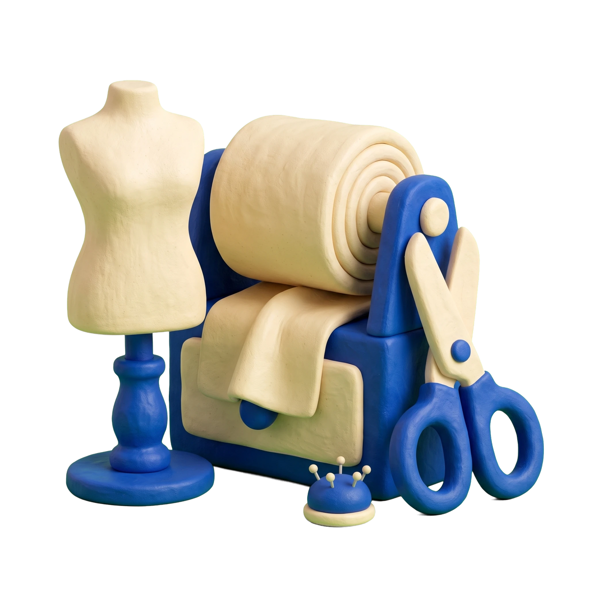 Clothing supplier illustration in blue and ivory clay