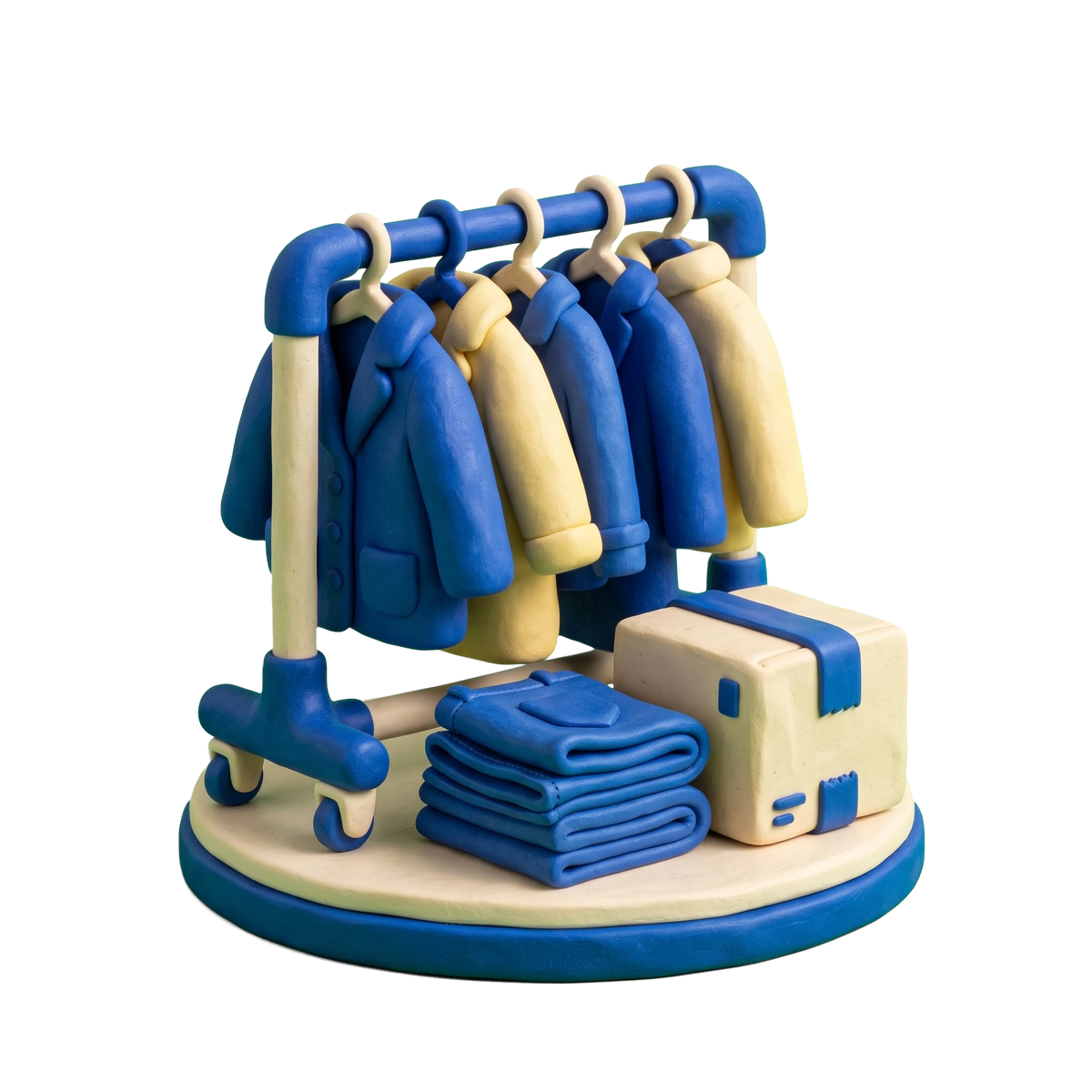 Clothing wholesaler illustration in blue and ivory clay