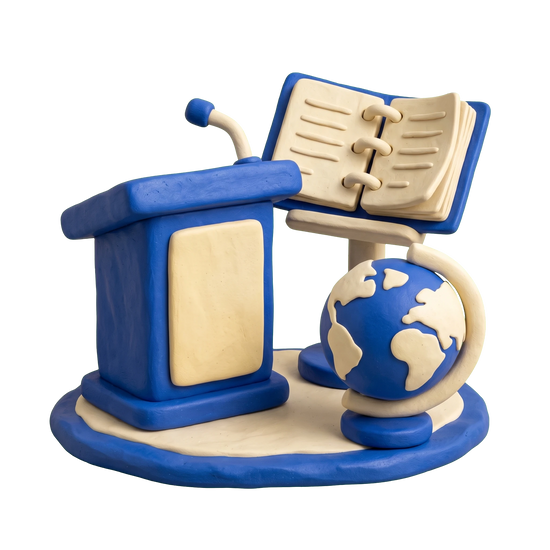 Coaching center illustration in blue and ivory clay