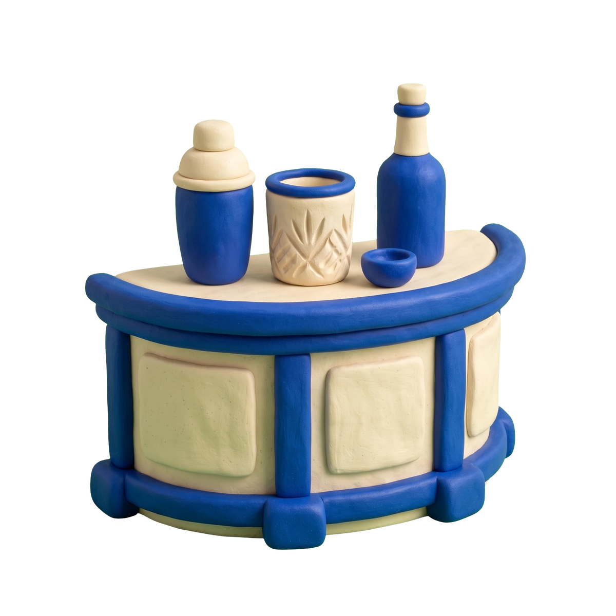 Cocktail bar illustration in blue and ivory clay