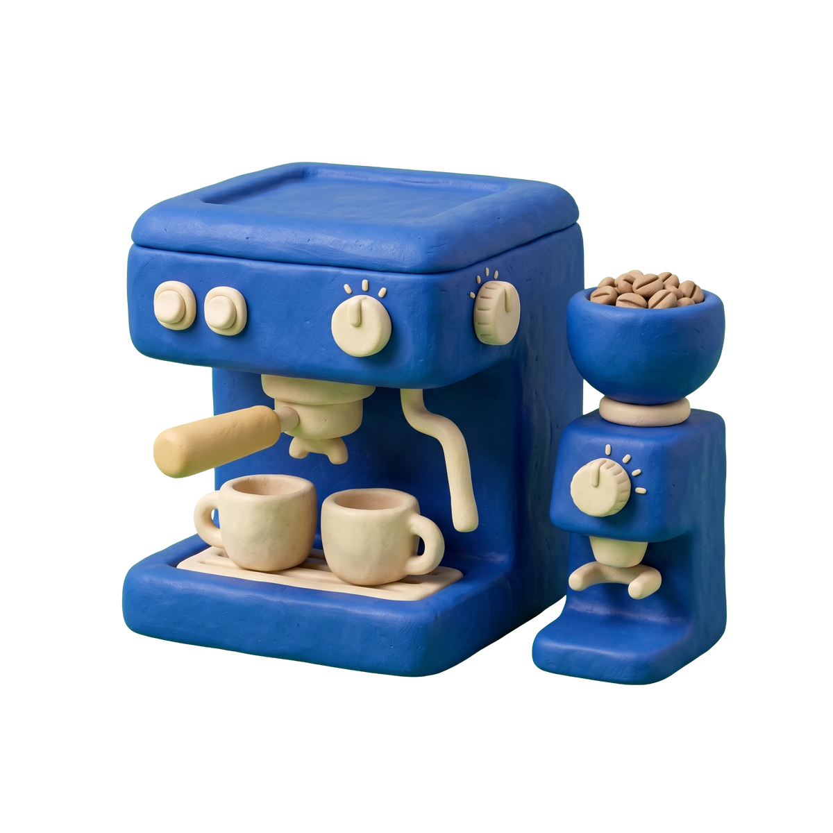 Coffee machine supplier illustration in blue and ivory clay