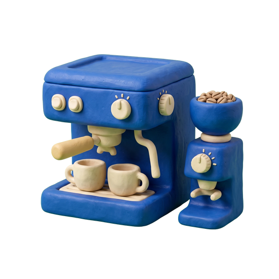 Coffee machine supplier illustration in blue and ivory clay