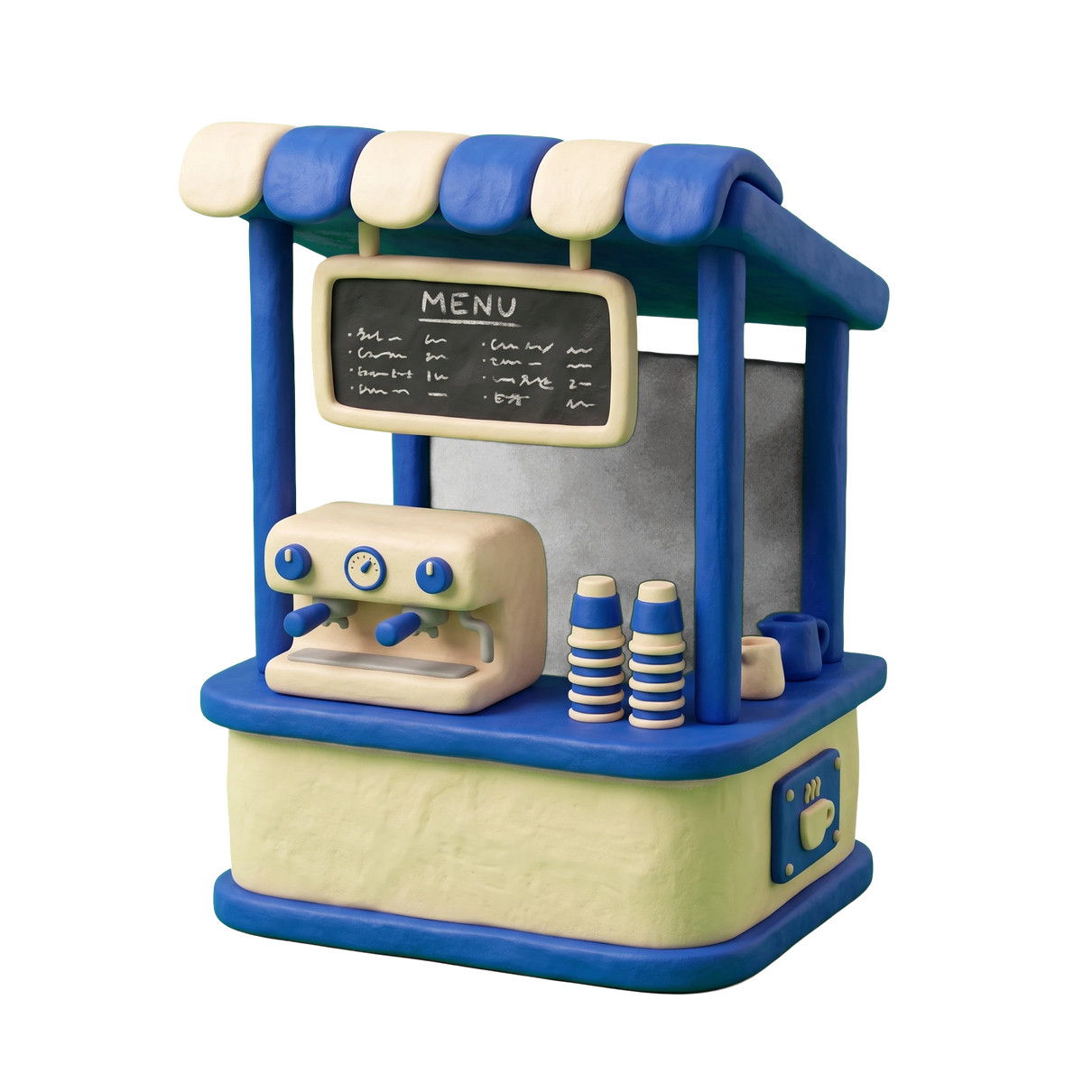 Coffee stand illustration in blue and ivory clay
