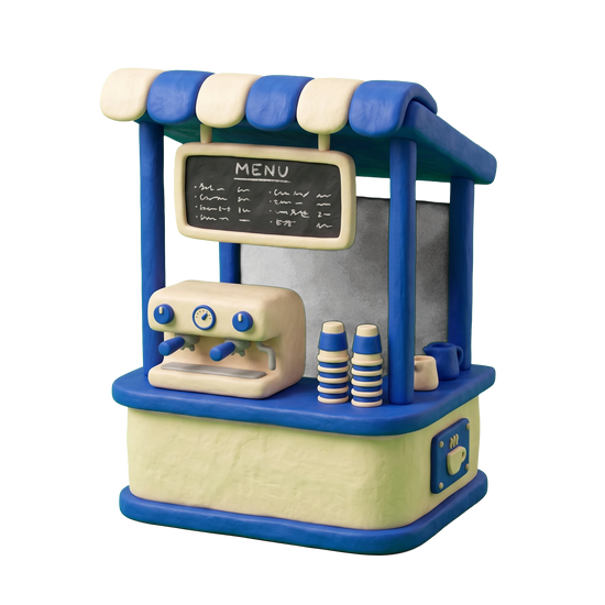 Coffee stand illustration in blue and ivory clay