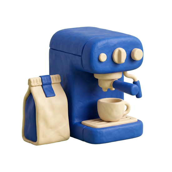 Coffee store illustration in blue and ivory clay