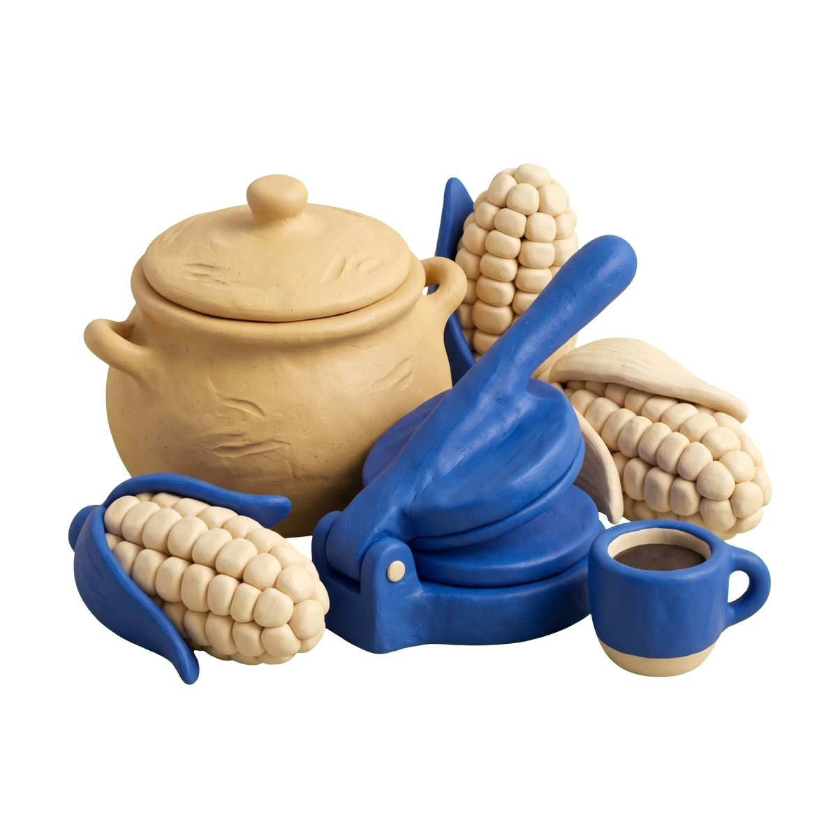 Colombian restaurant illustration in blue and ivory clay