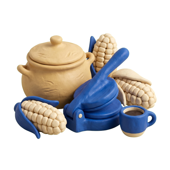 Colombian restaurant illustration in blue and ivory clay
