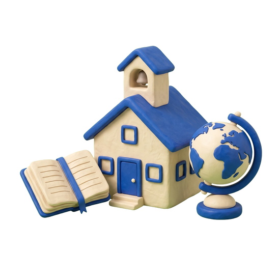 Combined primary and secondary school illustration in blue and ivory clay