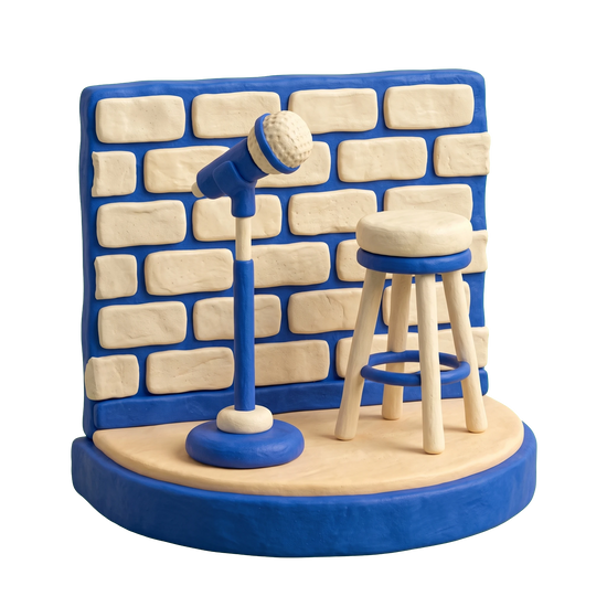 Comedy club illustration in blue and ivory clay