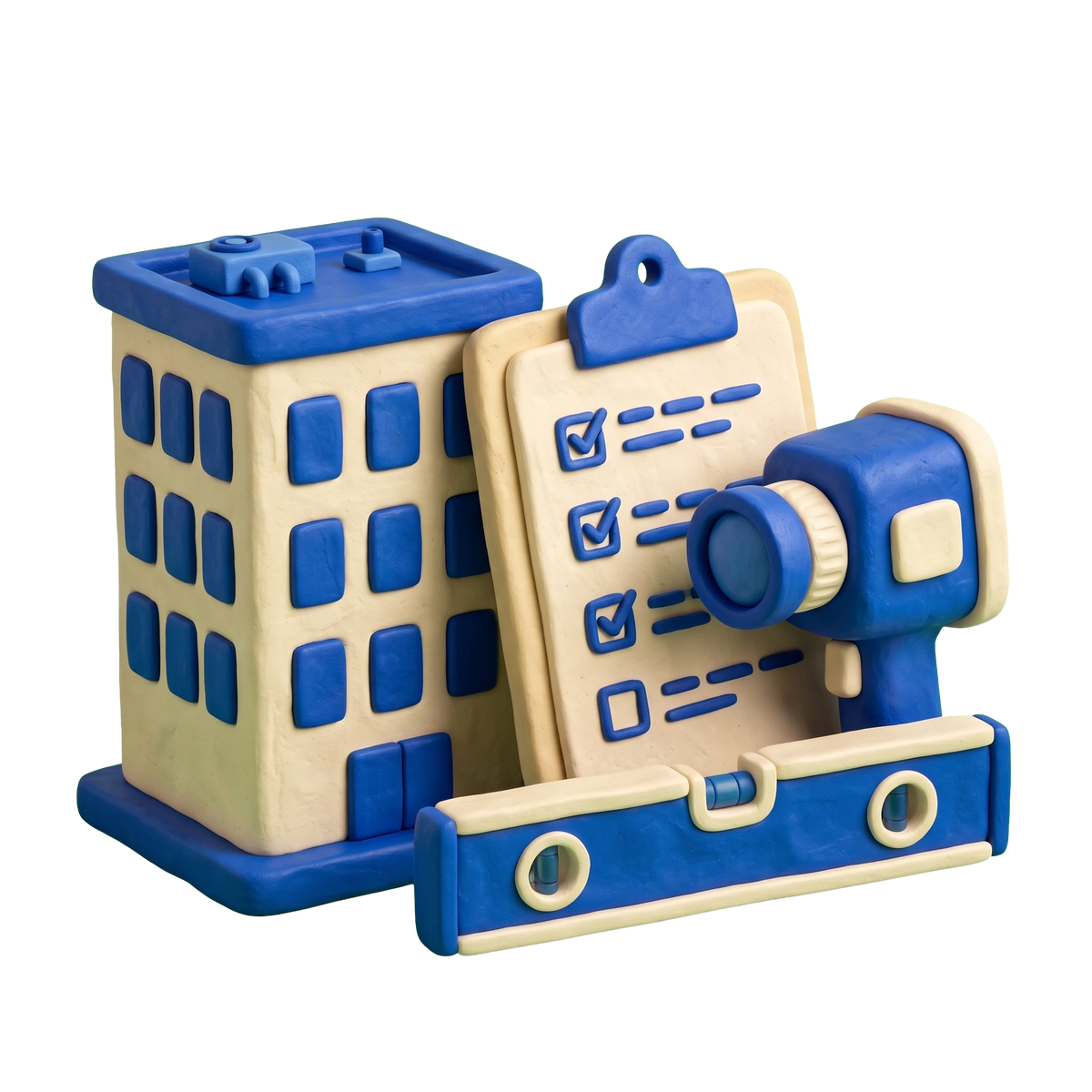 Commercial real estate inspector illustration in blue and ivory clay
