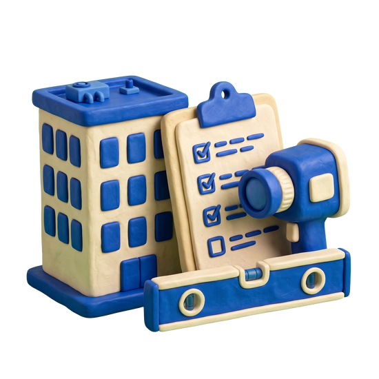 Commercial real estate inspector illustration in blue and ivory clay