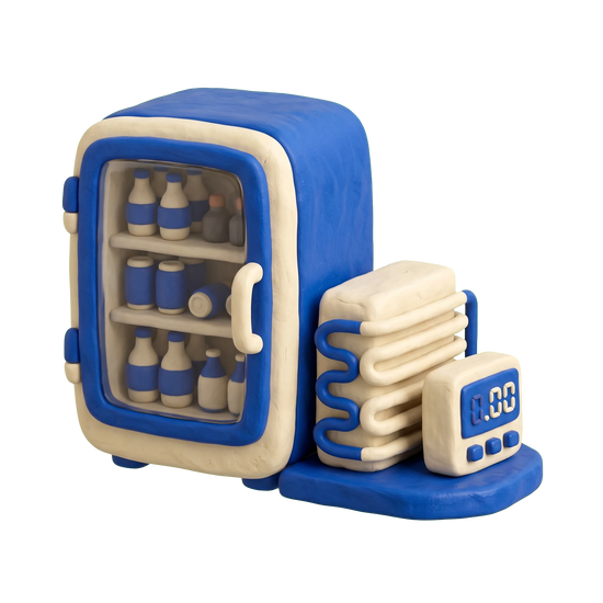 Commercial refrigerator supplier illustration in blue and ivory clay