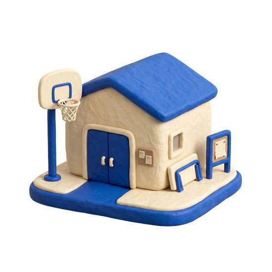Community center illustration in blue and ivory clay