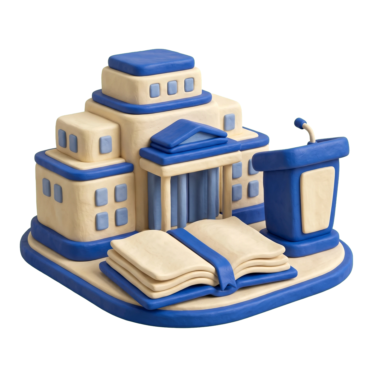Community college illustration in blue and ivory clay