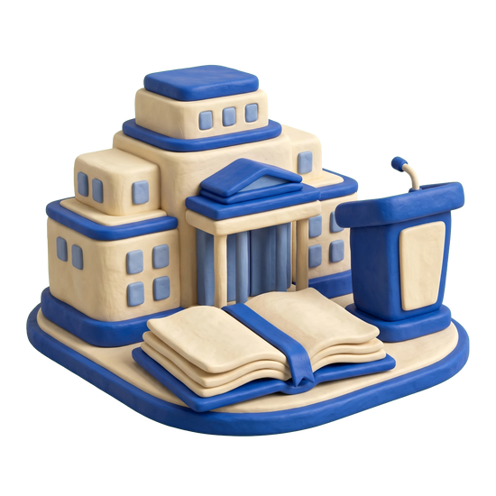 Community college illustration in blue and ivory clay