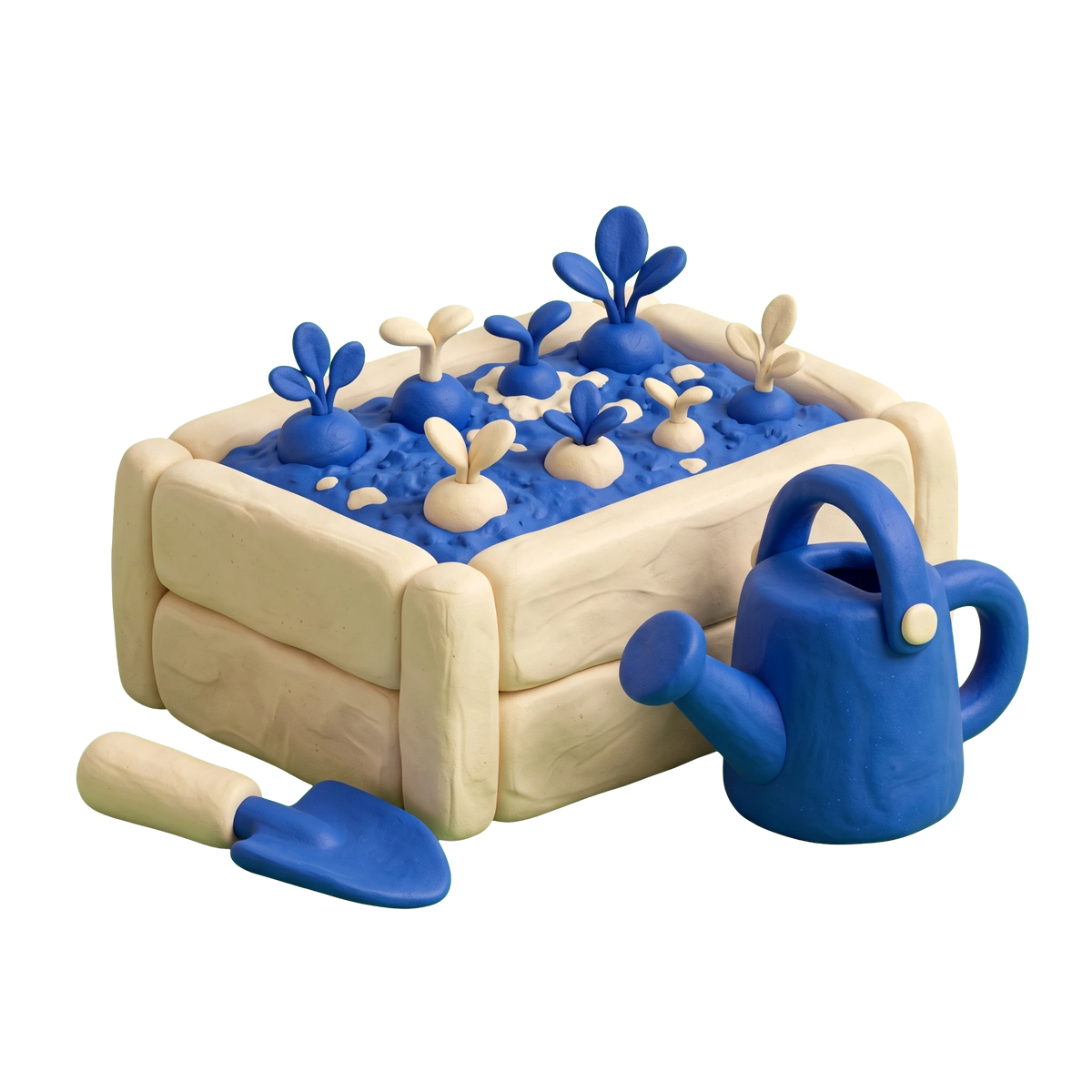 Community garden illustration in blue and ivory clay